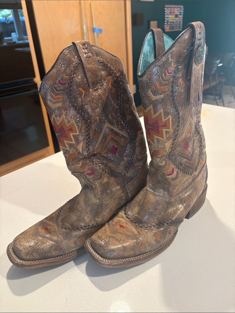 Women's Distressed Brown Embroidered Western Heeled Boots